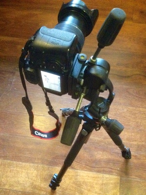Manfrotto 808 3-way tilt head tripod with Canon 60D atop.